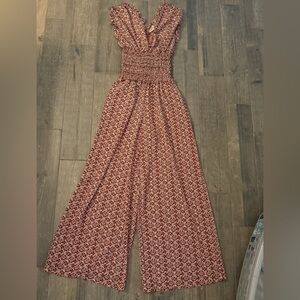 Max Studio Rust Floral Smocked Wide-Leg Jumpsuit